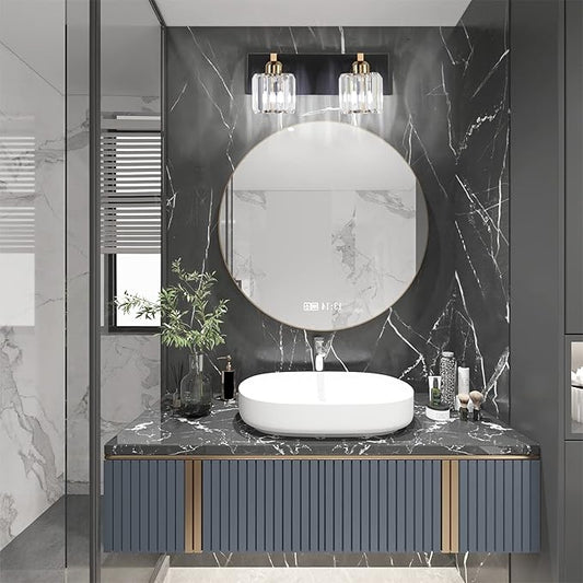 Aipsun Vanity Lighting Fixtures for Bathroom Matte Black Vanity Lights Fixtures Crystal 2 Lights Wall Light Fixture Over Mirror(Exclude Bulb)