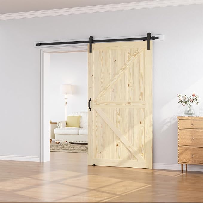 SmartStandard 48in x 84in Sliding Barn Wood Door Pre-Drilled Ready to Assemble, DIY Unfinished Solid Spruce Wood Panelled Slab, Interior Single Door Only, Natural, K-Frame (Fit 8FT Rail) | Pre-Drilled Ready to Assemble, DIY Unfinished Solid Spruce Wood...