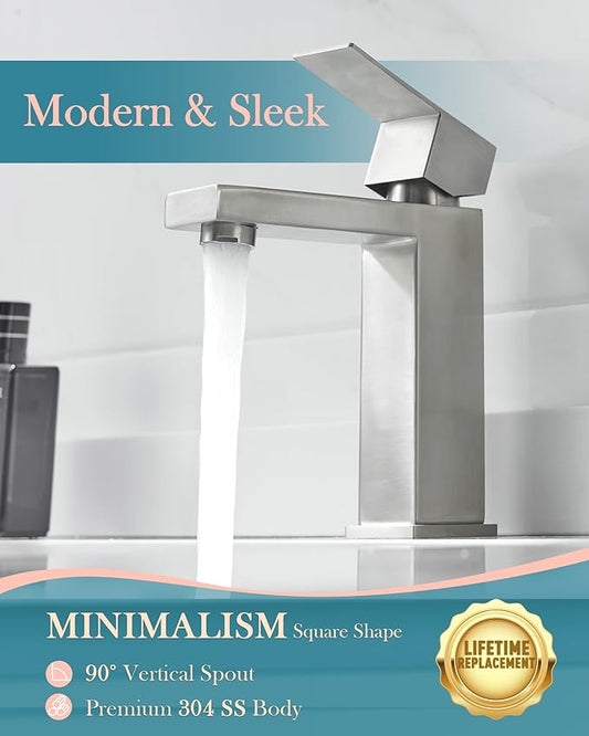 Single Hole Bathroom Sink Faucet with Pop-Up Drain, Brushed Nickel | Bathroom faucets for vanity sinks, 304 stainless steel faucet with preinstalled supply lines for easier installation