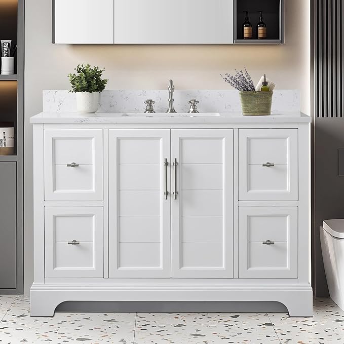 HOMEBEYOND 48 Inch Bathroom Vanity with Single Sink & Ceramic Top, Vanity Cabinet with Center Countertop Basin, Soft-Closing Doors, Backsplash,White