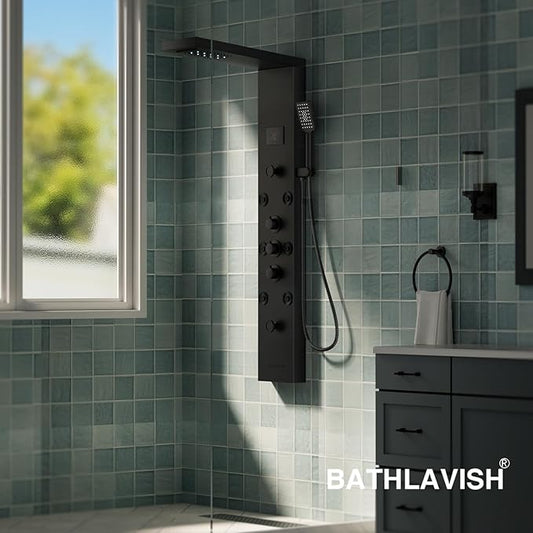 Matte Black Shower Panel Tower System 5 In 1 Stainless Steel Shower Tower | Rainfall Shower Panel LED and Digital Display 8 Massage Body Jets 3 Functions Handheld Showerhead for Bathroom by BATHLAVISH