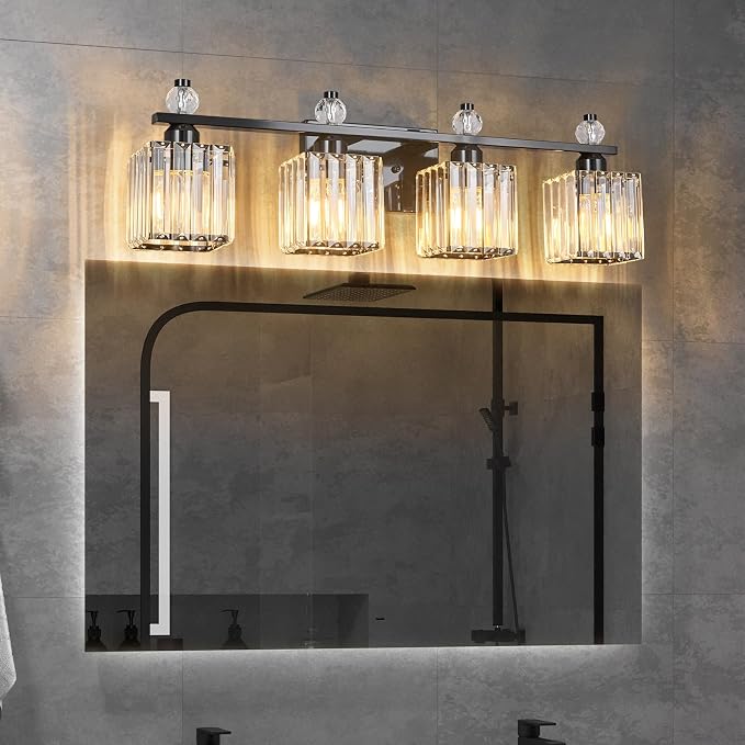 Vanity Lights 4-Light Modern Crystal Vanity Light Plating Black Bathroom Light Fixtures Over Mirror Crystal Bathroom Vanity Lighting Fixtures