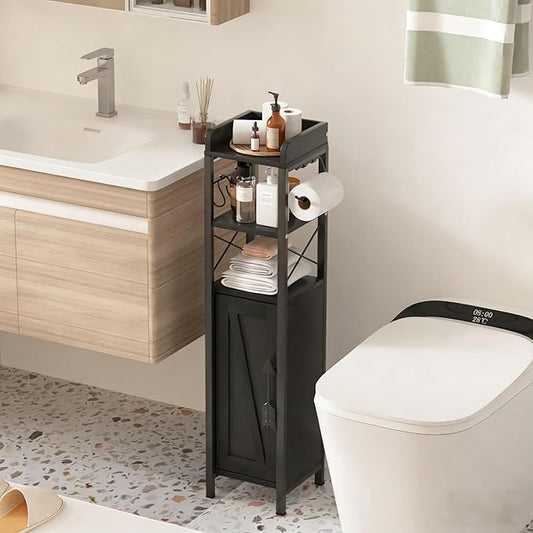 VECELO Small Bathroom Cabinet,Slim Toilet Paper Holder with Door&Metal Scroll, Upgraded Narrow Storage Organizer for Restroom Bathroom Tiny Space,Fenced Top Waterproof Coating,Black