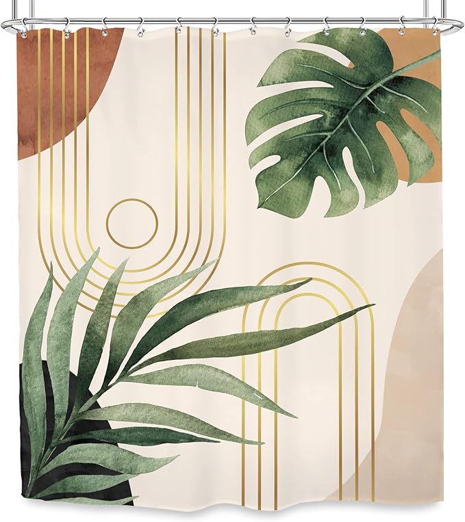 Glawry Boho Plant Shower Curtain 72Wx72L Inches Mid Century Botanical Tropical Abstract Minimalist Bohemian Leaves Bathroom Curtains Set Palm Leaf Green Bath Accessories Art Home Decor Fabric