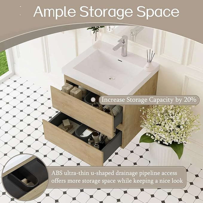 Floating Bathroom Vanity with Sink, 24" Wall-Mounted Bathroom Storage Cabinet with Resin Countertop & 2 Soft Close Drawers, Modern Stylish Vanity with Open Back Design, Easy to Clean, Oak