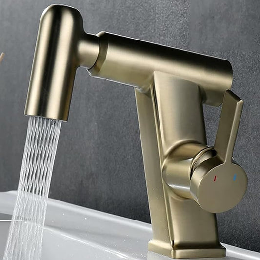 JRUIA White Bathroom Faucet, Brass Sink Mixer Tap, Pull Out Spray, Three Water Output Modes, Modern Swivel Kitchen Faucet,Gold