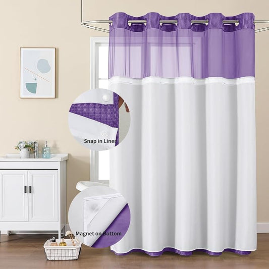 Colorful Star Purple No Hook Waffle Shower Curtain with Liner, 72"W x 75"L | Waterproof Shower Curtain with Snap in Fabric Liner and Mesh Top Window, Hotel Style Heavy Duty Thick Bathroom Curtain