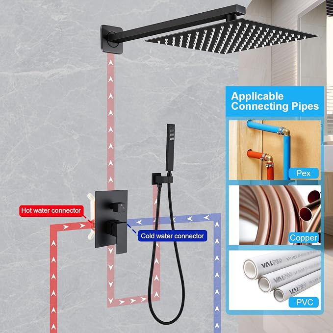 Shower Faucet Set Matte Black 12 Inch Square Rain Head w Handheld Sprayer & Rough Valve