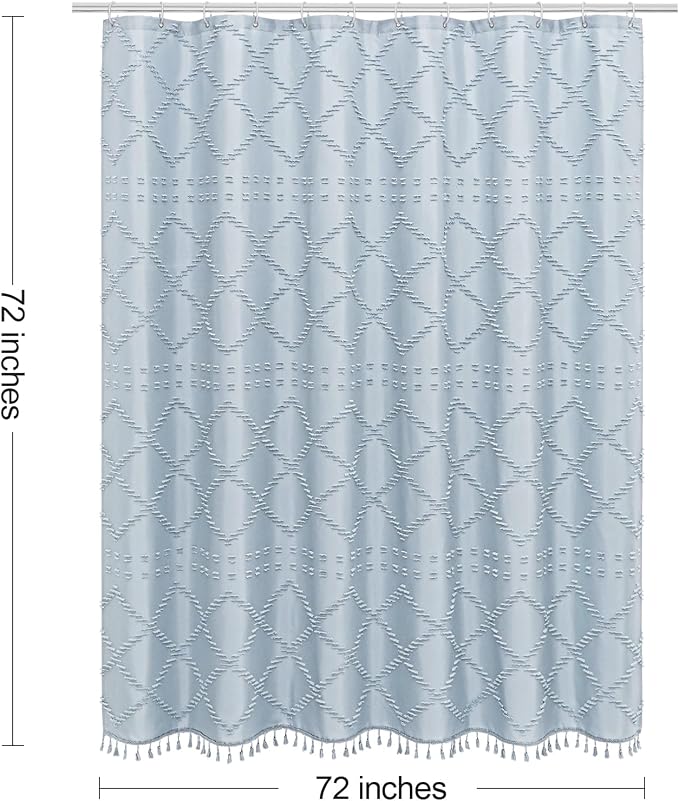 Blue Boho Woven Fabric Shower Curtain with Tassel 72 x 72, Tufted Textured | Modern Farmhouse Curtain for Bathroom, Standard Bathroom Curtain, Minimalist Decor, Waterproof