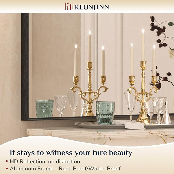 Keonjinn 16x24 Inch Black Bathroom Mirror for Over Sink, Rectangular | HD Tempered Glass, Vanity Mirror, Brushed Framed, Square Corner, Modern Farmhouse, Wall Mounted Mirrors, Aluminum Alloy