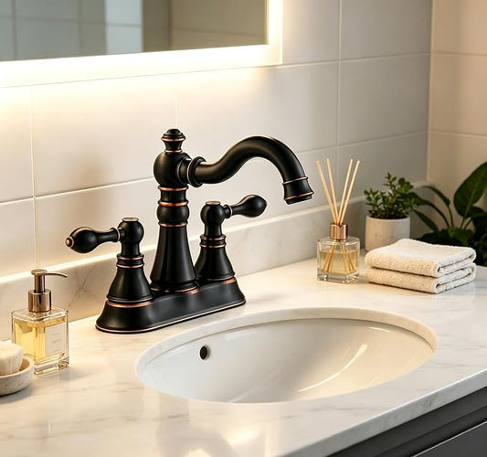 Two Handle Oil Rubbed Bronze Bathroom Sink Faucet 3 Hole with Pop up Drain Assembly, Classic 4 Inch Centerset Bathroom Lavatory Faucet with 360° Swivel Spout,EW-516-NB
