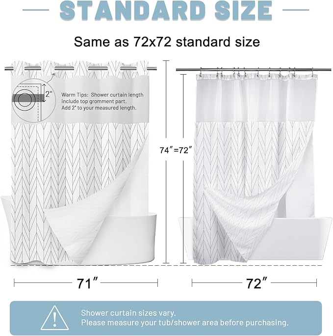 Chevron No Hook Shower Curtain with Liner, Grey White 71 x 74 | Stripe Pattern,Waterproof,Quick Dry,Mesh Top Window,Bottom Magnets,Hotel Style,Machine Washable,Modern,for Bathroom