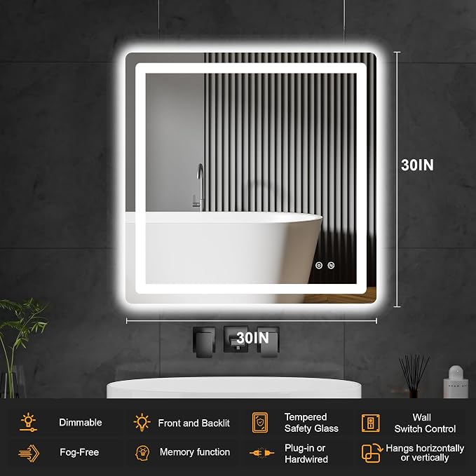 LED Bathroom Mirror with Lights, 30 x 30 Lighted Vanity Wall Mirror | Backlit and Frontlit, Anti-Fog, Dimmable 3 Colors, Shatter-Proof Tempered Glass, Memory Function, Plug-in/Hardwired