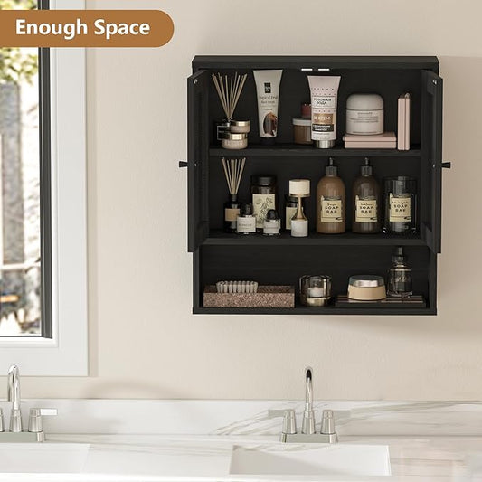 Bathroom Wall Cabinet, Wall-Mounted Rattan Medicine Cabinet with Double-Door, Floating Bathroom Cabinet Over Toilet for Laundry Room & Kitchen & Living Room 23.23 x 7.68 x 24 in