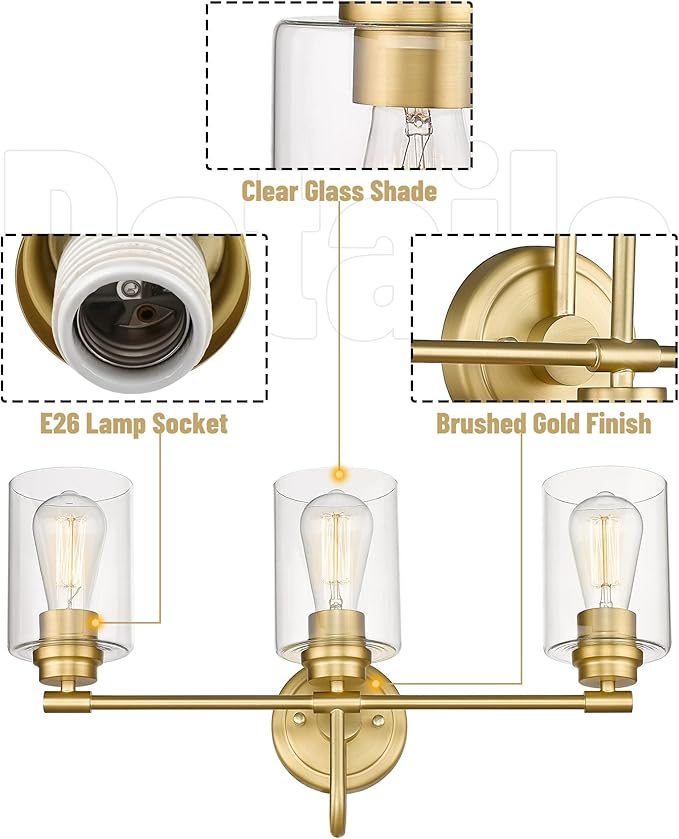 Gold Bathroom Light Fixtures, 3-Light Vanity Light Over Mirror Lighting with Cylinder Glass Shade, KW-7306-3