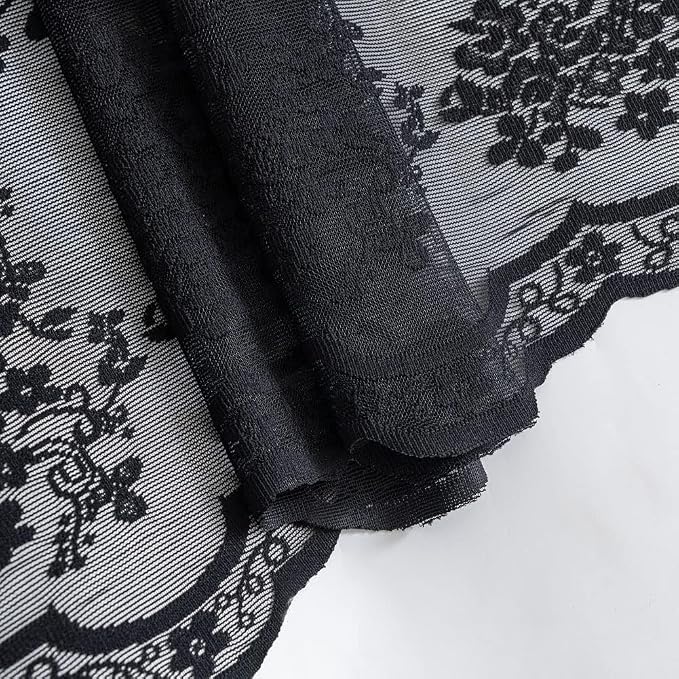 Black Lace Shower Curtain 36x72, Gothic Style for Narrow Shower Stalls | Goth Shower Curtain with Attached Vlance and Scalloped, Floral Lace, Lets in Light for Witchy Victorian Halloween bathrooms