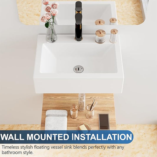 Floating Bathroom Vessel Sink Wall Mount, Hugsleek 16 x 12 inch Rectangle White Porcelain Ceramic Vessel Sink Wall Mounted Hang Bath Sink Bowl Basin Lavatory Vanity Restroom With Faucet Hole