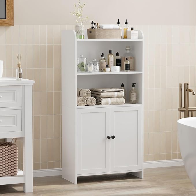 Homhedy Small Bathroom Storage Cabinet, Toilet Paper Storage Cabinet | Bathroom Floor Cabinet with Doors and Shelves, Bathroom Organizers for Small Spaces, 9.8" D x 19.7" W x 39.9" H, White