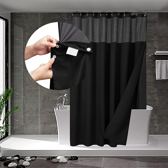 N&Y HOME Extra Long Waffle Shower Curtain with Snap-in Liner Black, 71x84 | 12 Black Hooks Included, Snap on/off Fabric Liner, Mesh Window, Washable, Hotel Style Black Shower Curtain Set for Bathroom