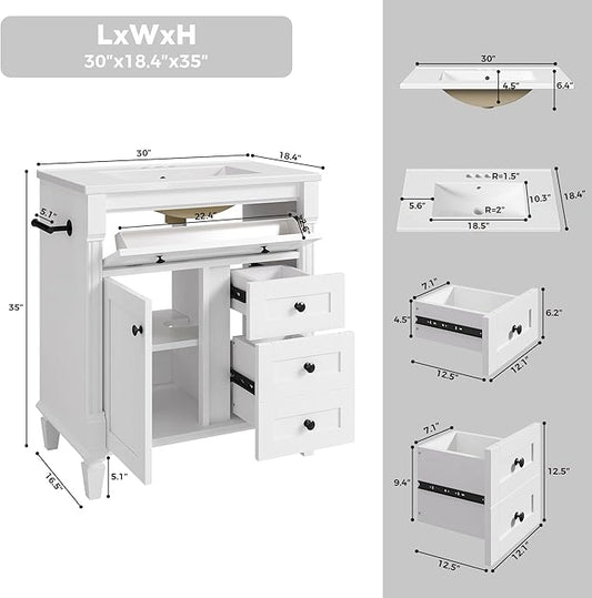 LIKIMIO 30 Inch Bathroom Vanity with Sink, Towel Holder & Adjustable Solid Wood Legs for Uneven Floor, Modern Bathroom Storage Cabinet with Tip-Out Drawer, 2 Drawers & Adjustable Shelf, White