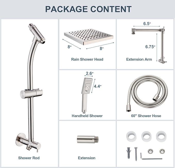BRIGHT SHOWERS Rain Shower Heads System, Rainfall Shower Head with Handheld Spray Combo Includes Solid Brass Slide Bar, Height Adjustable Holder, Shower Extension Arm and 60" Long Hose, Brushed Nickel