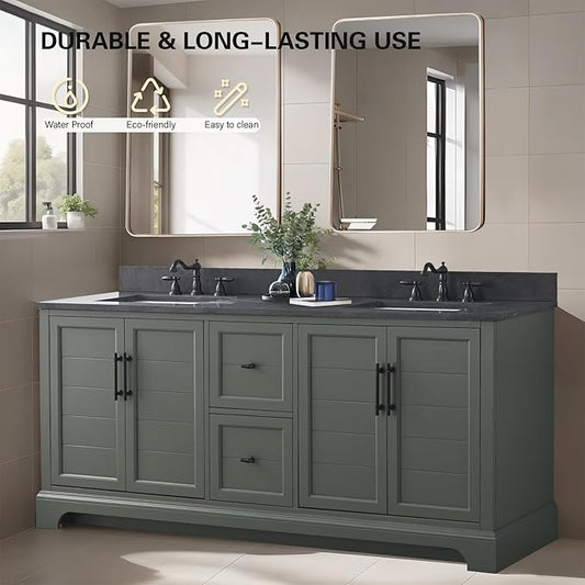 HOMEBEYOND 72 Inch Bathroom Vanity with Double Sink & Ceramic Top, Vanity Cabinet with Center Countertop Basin, Soft-Closing Doors, Backsplash, Vintage Green