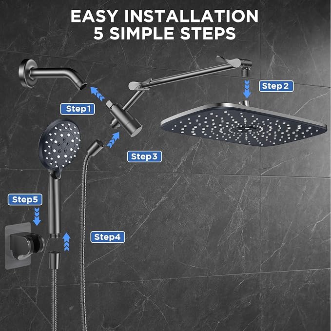 Veken Gunmetal Gray 11.8" High Pressure Shower Head with Handheld, Durable | Handheld Shower with Multi Spray Modes, Rainfall Combo with 15" Metal Extension Arm, Detachable Dual Shower, Bathroom Decor