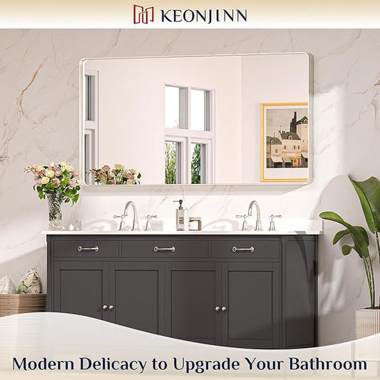 Keonjinn 55 x 30 Brushed Nickel Bathroom Vanity Mirror, Large Rounded Rectangle Bathroom Mirrors for over Sink, Metal Framed Silver Mirror for Wall, Shatterproof HD Tempered Glass(Horizontal/Vertical)