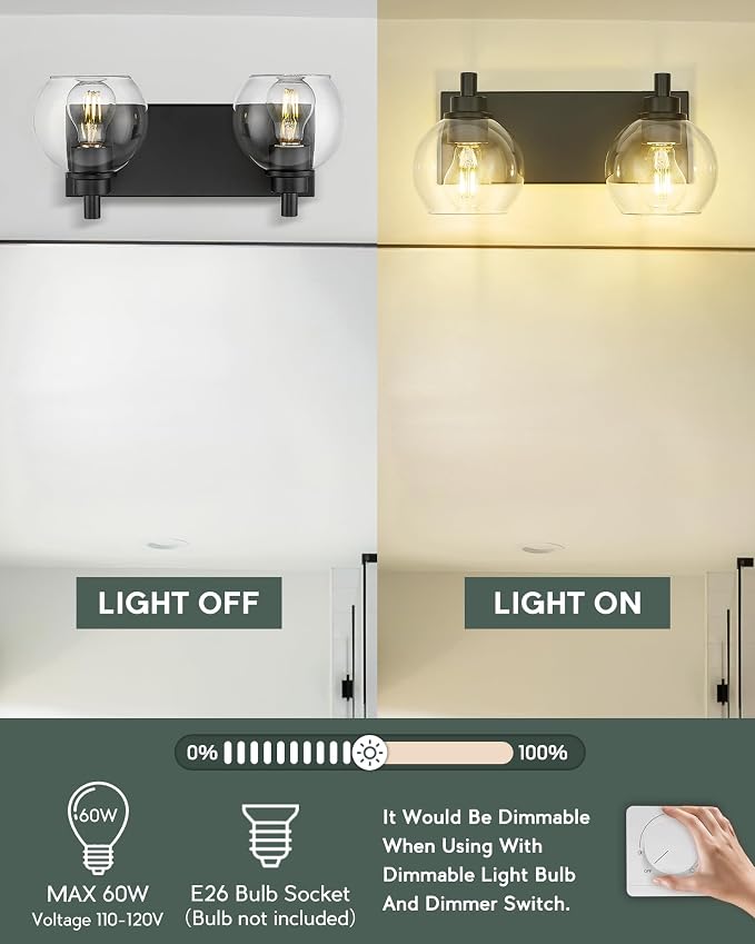 2-Light Matte Black Bathroom Vanity Light, Clear Glass Globe Shade | 15" modern bathroom light fixtures over mirror, E26 base, bulbs not included, VL195-MB-2