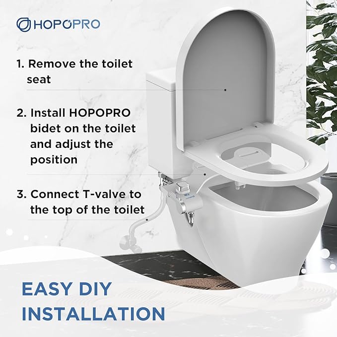 HOPOPRO Bidet with Single Finger Water Pressure Control, Self Cleaning Hygienic Dual Nozzle (Feminine/Rear Wash), Non-Electric Bidet Attachment for Toilet Seat, Easy DIY Install <5 Min -White