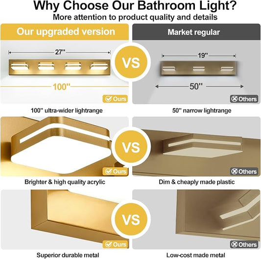Torondo 360° Rotate LED Bathroom Vanity Light Fixtures, Acrylic Vanity Lights for Bathroom, Modern Wall Lighting Fixtures Over Mirror Living, Gold, Natural White, 4-Light, 27-Inch