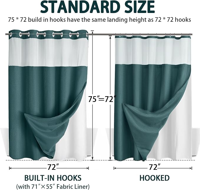 No Hook Shower Curtain with Liner Set Hotel Waffle Seaweed Green 72W X 75L | Washable Snap in Fabric Liner, Mesh Top Window, Waffle Hotel Style Shower Curtain Set