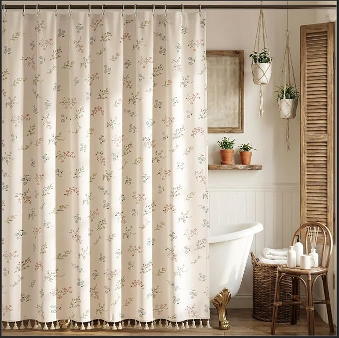 Farmhouse Floral Shower Curtain with 12 Clear Rings 72" W x 84" L | Boho Fabric Faux Linen Shower Curtain Set, Vintage Cottagecore Shower Curtain for Bathroom