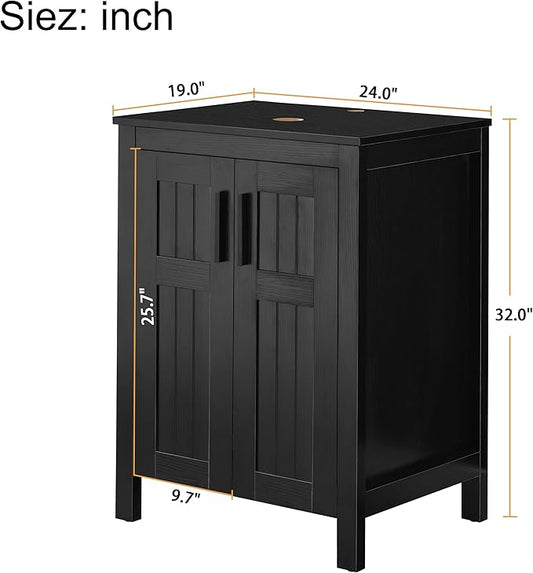 UEV Black 24" Bathroom Vanity Without Sink,Modern Freestanding Sink Cabinet,Stylish Bathroom Vanity Cabinet,Grooved Double Doors,Metal Handles