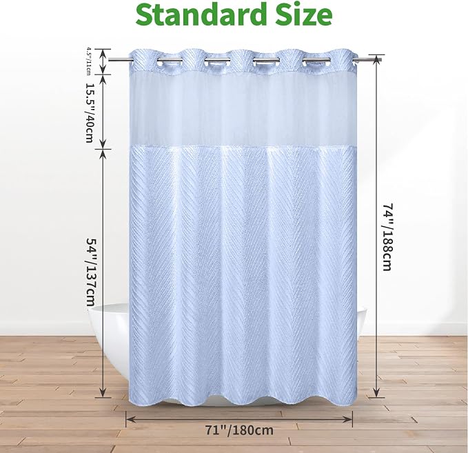 eachope no Hook Shower Curtain and Liner Set,Boho Style with See Through Top Window, Blue Fabric Tufted Striped Textured Outer Curtain & Waterproof Inner Liner, FrostBlue, 71Wx74H
