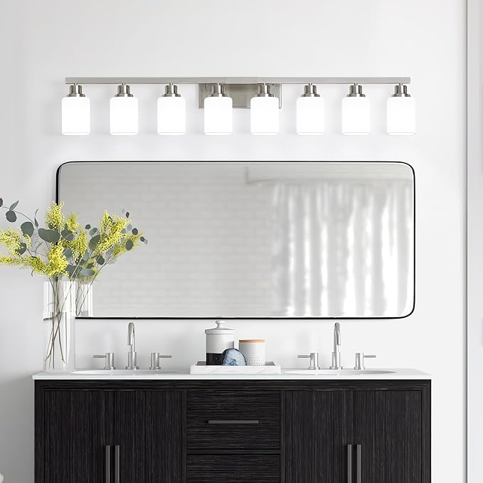 8-Light Bathroom Vanity Light,Brushed Nickel Vanity Lights with Square Frosted Glass,Modern Wall Lights Fixtures Over Mirror,Wall Sconces Lighting for Bedroom Living Room,E26