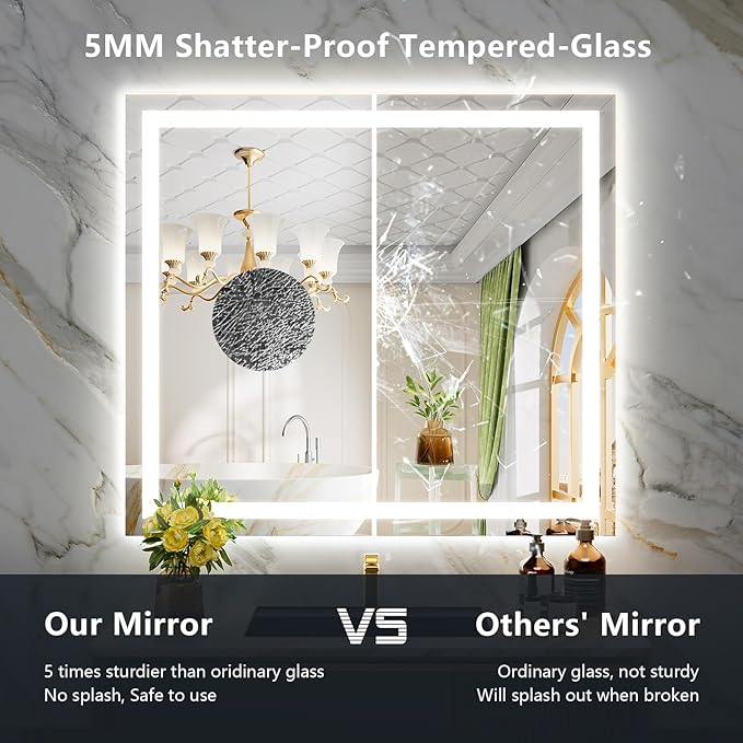 40x36 LED Bathroom Mirror with Lights, Lighted Vanity Mirror | Backlit and Front Light, Anti-Fog, 3 Color Dimmable, Memory, Tempered Glass, IP54 Waterproof, UL Listed