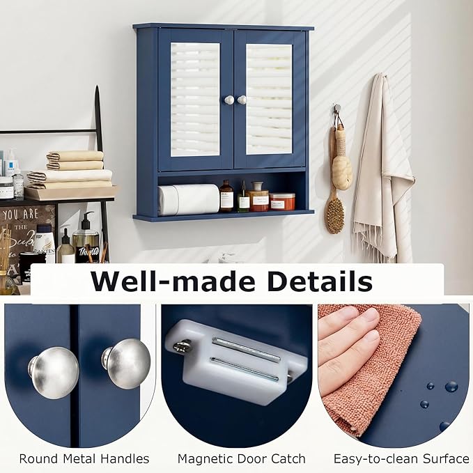 Tangkula Bathroom Medicine Cabinet with Mirror, Wall Mounted Wooden Hanging Organizer with Doors and Shelves, Bathroom Wall Mirror Cabinet (Mirror Doors, Blue)