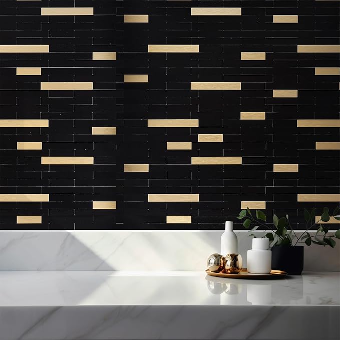 StyloVue 2 Sheets Peel and Stick Tile Backsplash, Black with Metal Gold Look Stick on Tile Upgrade Your Kitchen Backsplash, RV, Fireplace