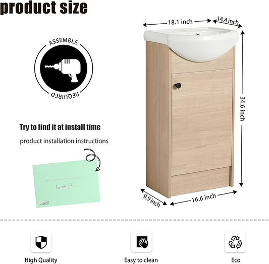 18" Bathroom Vanity with Sink, 18 Inch Freestanding Vanity with Soft-Closing Door for Small Space, Modern Single Sink Bathroom Vanity Combo,Brown Floor Standing Cabinet Set (BN-022)