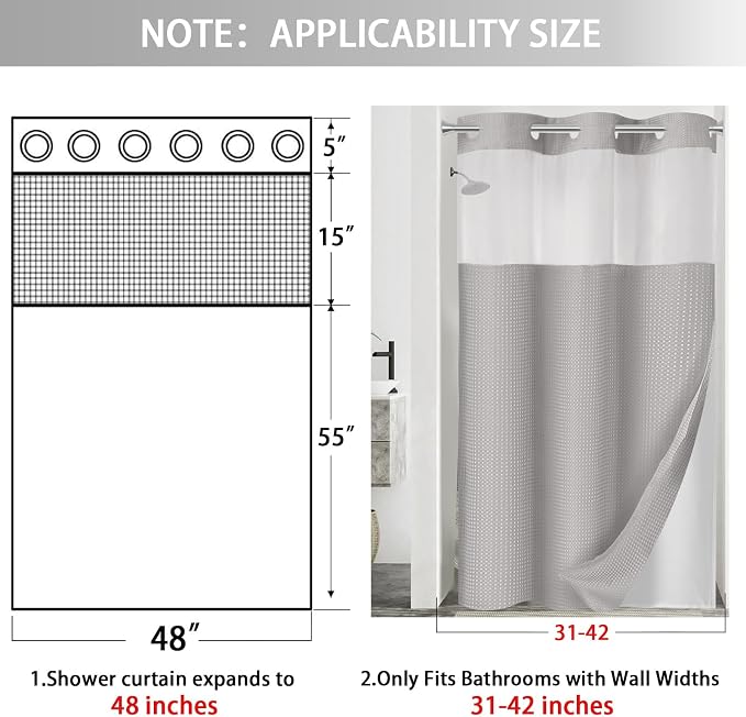 No Hook Shower Curtain with Liner Set Hotel Waffle Light Grey 48W X 75L | Washable Snap in Fabric Liner, Mesh Top Window, Waffle Hotel Style Shower Curtain Set