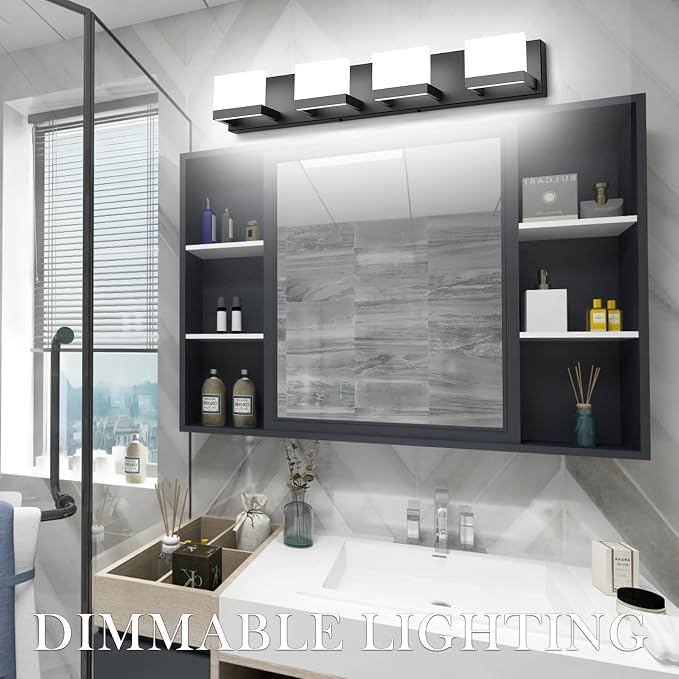 Tipace Dimmable Black LED Vanity Light for Bathroom Up and Down 4 Lights Black Modern Bathroom Wall Light Fixtures Over Mirror(White Light 6000K)