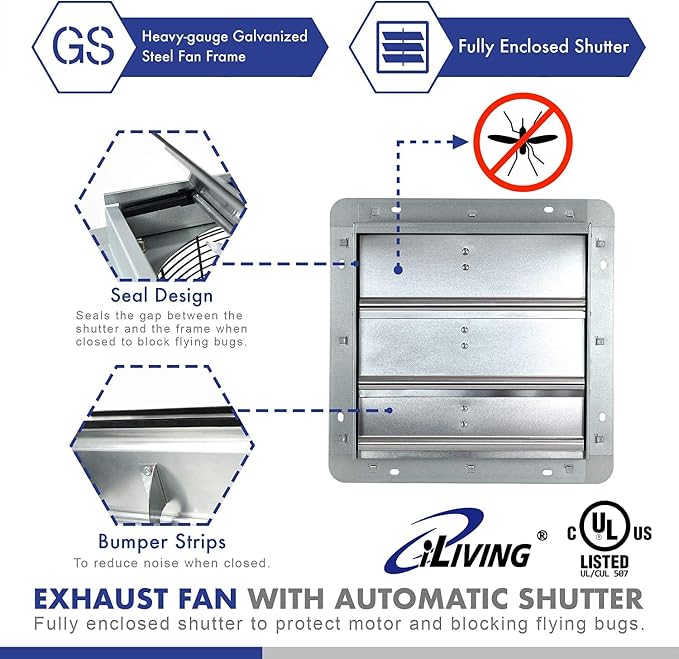iLiving New Upgraded 10" Wall Mounted Exhaust Fan - Automatic Shutter - Variable Speed - Vent Fan For Home Attic, Shed, or Garage Ventilation, 65 Watts, 820 CFM, 1200 SQF Coverage Area