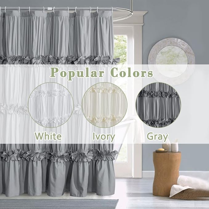 Homechoice Decor Victorian Ruffle Shower Curtain, 72" W x 72" H, Gray | Vintage Handcrafted Bow Tie Bath Curtain for Master Bathroom, Ruched Microfiber Bathroom Curtain with 12 Buttonholes (LQ-10)