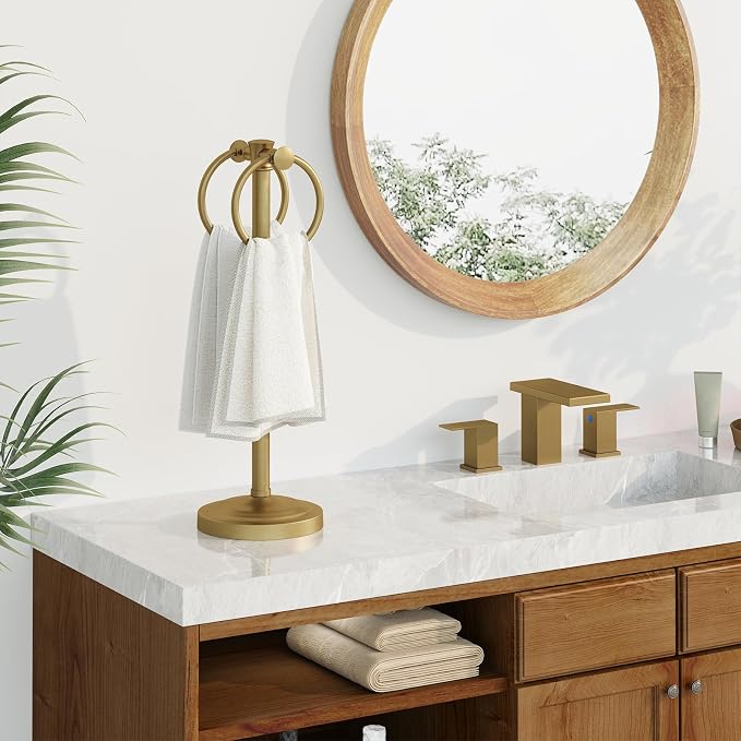 Hoimpro Hand Towel Holder Stand Bathroom Countertop Towel Bar Rack Gold | Brushed Gold, Freestanding, Free Standing Towel Ring Hanger for Vanity Counter Kitchen Accessories, Stainless Steel