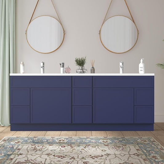 HomeBeyond 84 Inches Bathroom Vanity Base Cabinet Without Sink, Double Sink Top with Door & Soft Closing Drawers, Sturdy Floor Mounted Cabinet 2-Door 7-Drawer, Blue