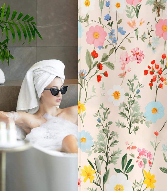 Shower Curtain for Bathroom Stall Boho Modern Cute Aesthetic Decorative Girly Waterproof Unique Yellow Floral Girls Chic Print Design Teen Pretty Women Cortinas de Baño Bathtub 72 x72 Inch