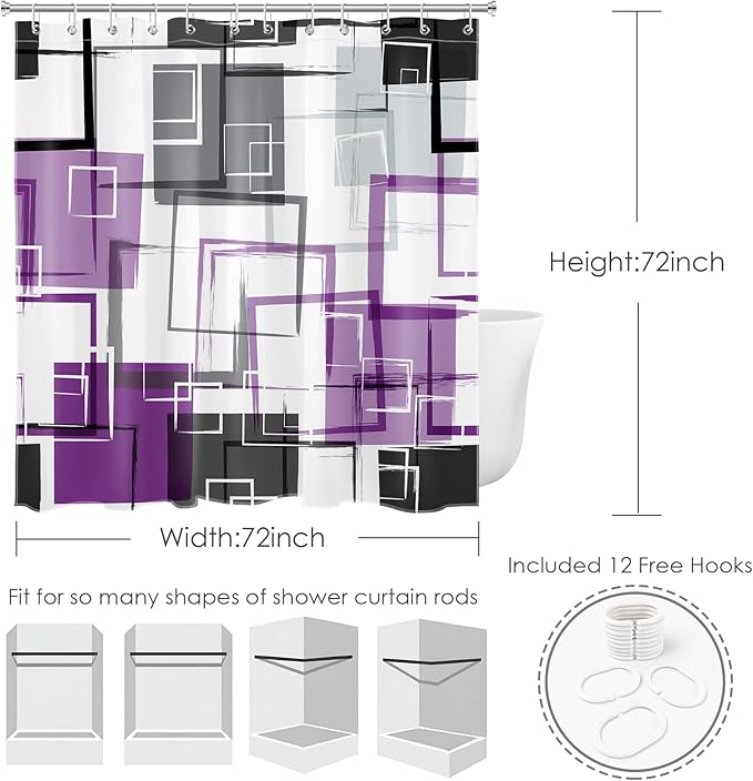 Purple Geometric Modern Shower Curtain for Bathroom,Grey Black and White Abstract Striped Shower Curtain with Hooks Mid Century Minimalist Bathroom Shower Curtain Set,72L X 72W inches