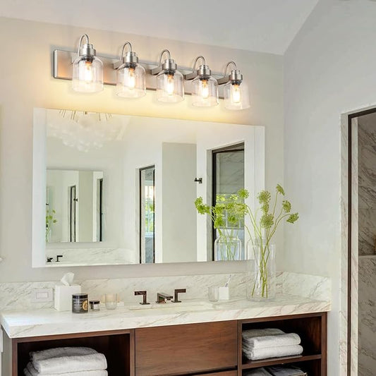 PRESDE 5 Light Bathroom Vanity Light Fixture Over Mirror Vintage Brushed Nickel Vanity Light for Bathroom with Bubble Glass Shades