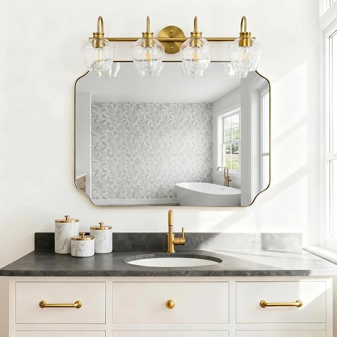 Brushed Gold Vanity Light, 4 Light Bathroom Light Fixtures with Clear Diamond-Shape Hammered Glass, Brass Vintage Ripple Wall Lights for Hallway, Bedroom, Anti-Rust, E26 Base (No Bulbs)
